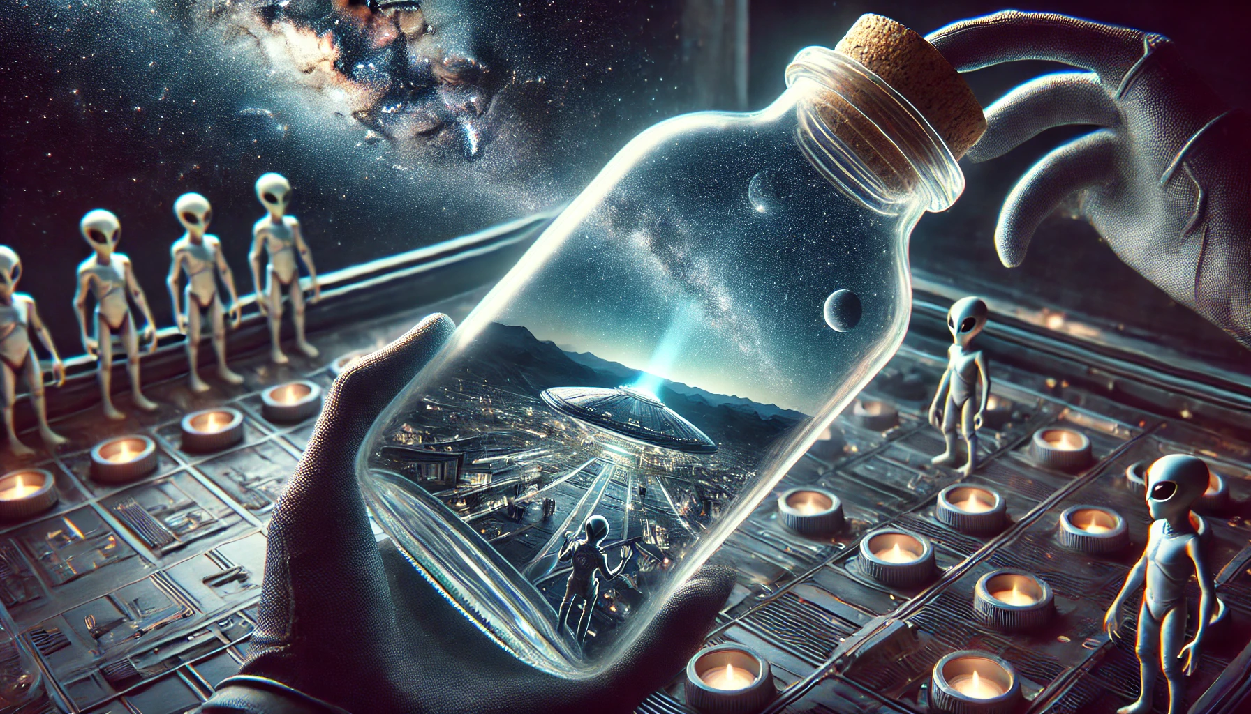 DALL·E 2025-02-22 20.44.00 - A detailed space-themed illustration showing a glass bottle floating in space with a printed .webp