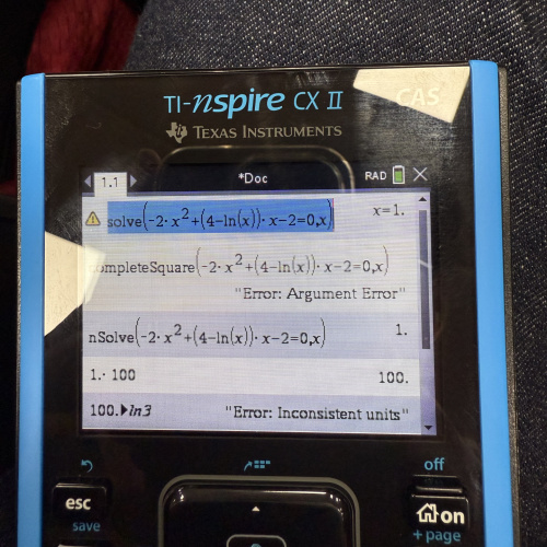 TI nspire CX CAS 2 - ln 함수 포함한 방정식 계산 오류