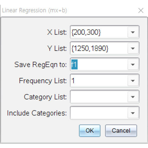 [TI-nspire] Statistics의 Linear Regression 으로 선형 보간법 결과 구하기